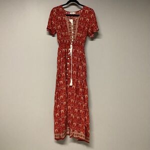 Pinup Fashion Women's Maxi Red Floral Flowy Dress Bohemian Medium